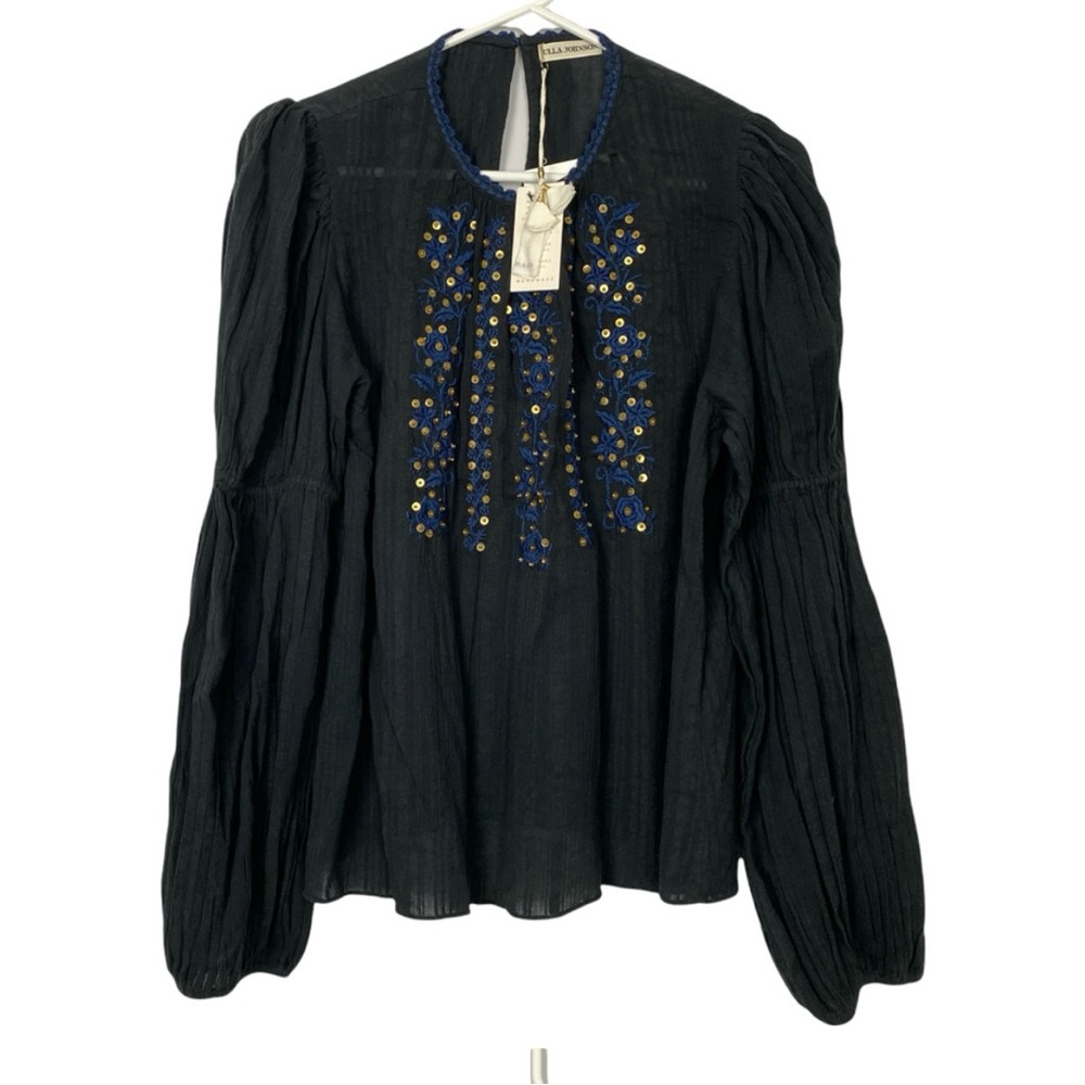 COPY - Ulla Johnson Black Embellished Vida Blouse with Bishop Sleeves